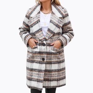VILA Virooma Birch Check Wool Pea Coat Size M Plaid Quiet Luxury
